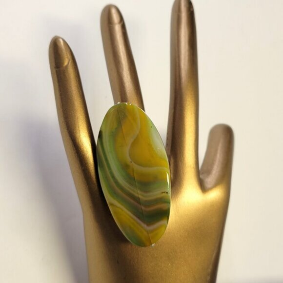 Yellow Green Agate Ring Adjustable Band Handmade Semi Precious Ring - Picture 1 of 9
